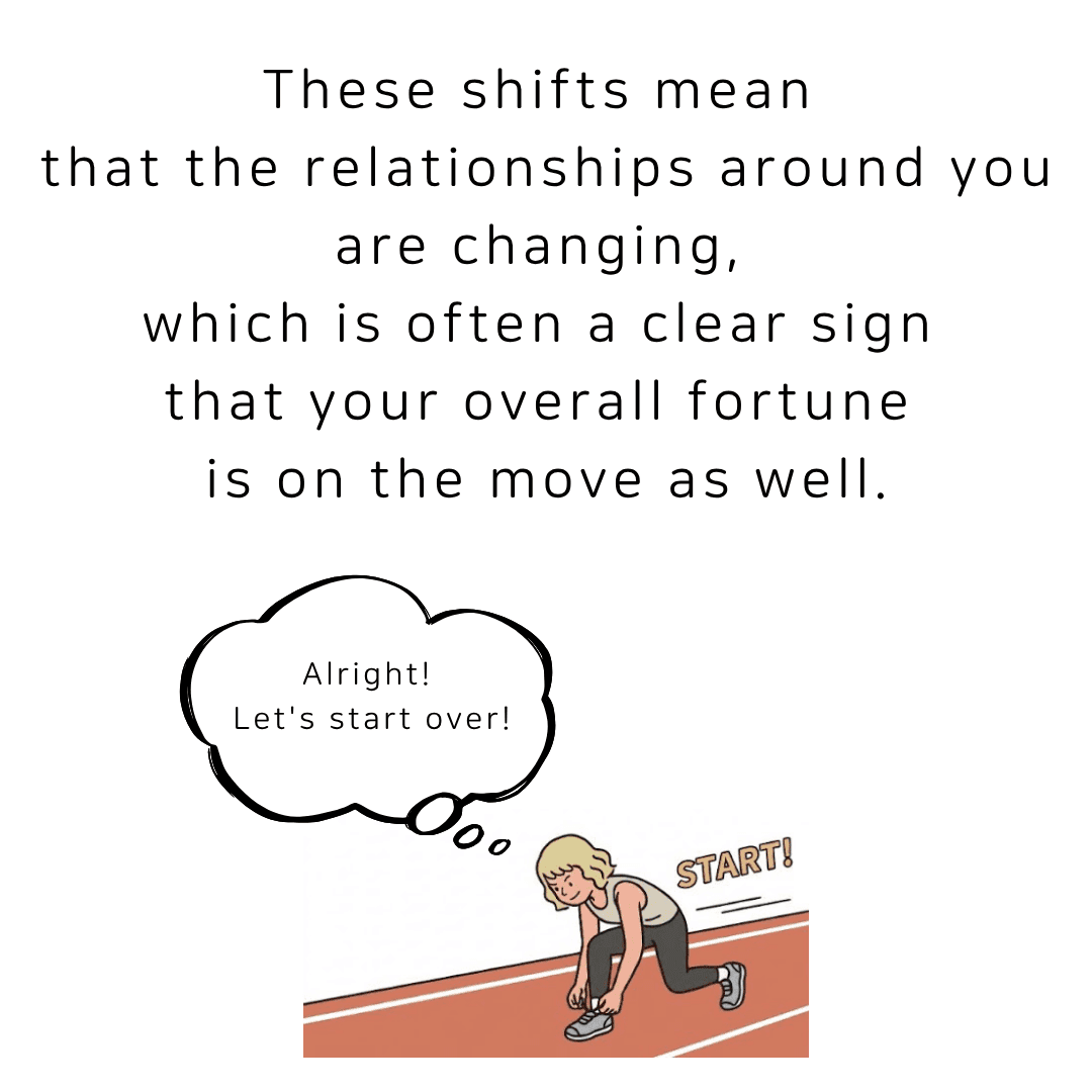 These shifts mean that the relationships around you are changing, which is often a clear sign that your overall fortune is on the move as well.