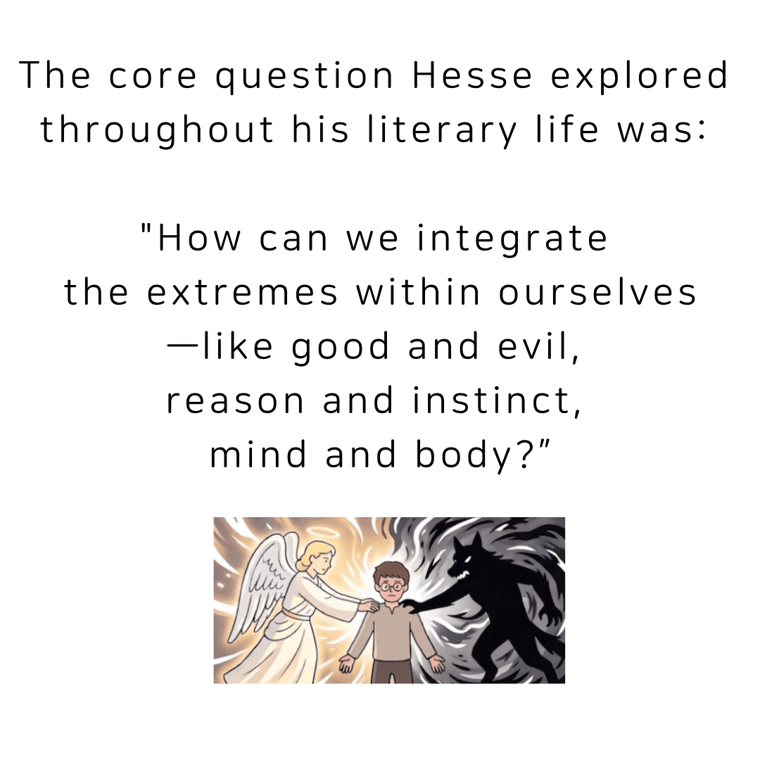 The core question Hesse explored throughout his literary life was how to integrate the extremes within ourselves, like good and evil, reason and instinct, mind and body.