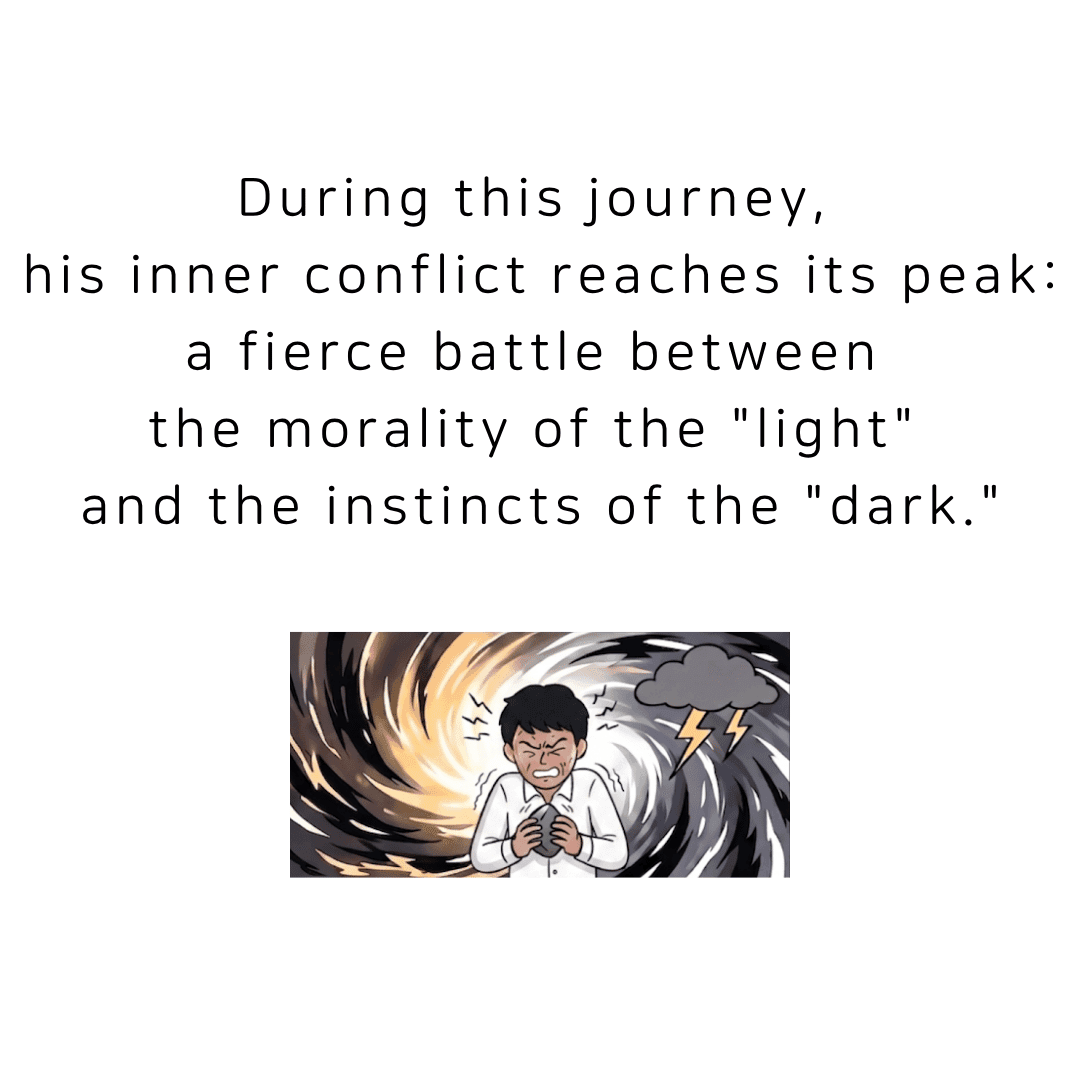 During this journey, his inner conflict reaches its peak, a fierce battle between the morality of the light and the instincts of the dark.