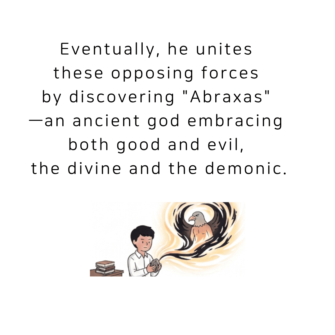 Eventually, he unites these opposing forces by discovering Abraxas, an ancient god embracing both good and evil, the divine and the demonic.